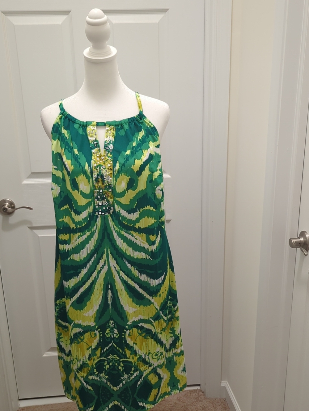 INC International Concepts Green and Yellow Halter Dress with Beaded Placket